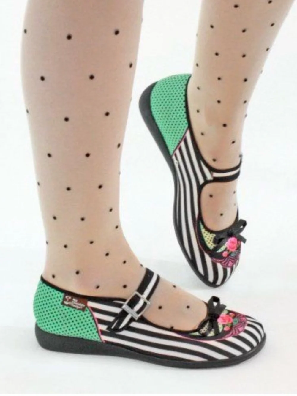 HOT chocolate design Striped Mary Jane Flats with Pink Floral Accent  size 7